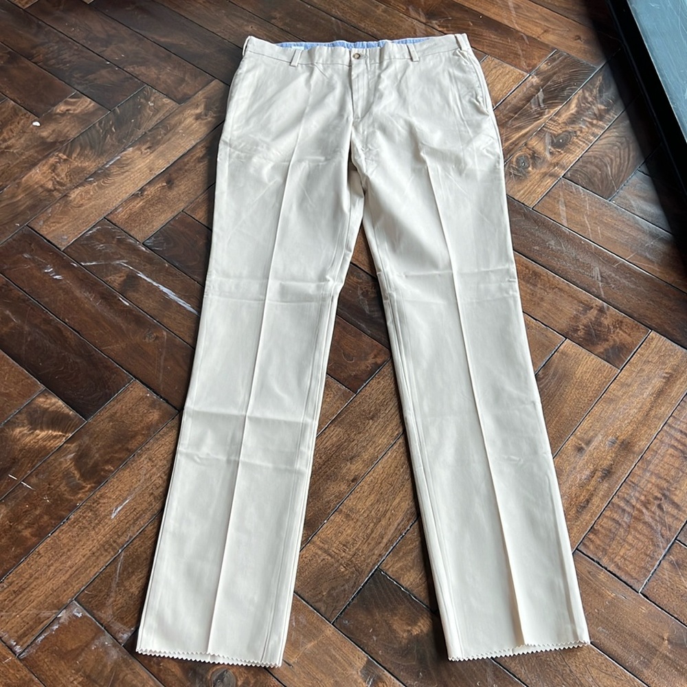 Frank’s pants made in USA trim fit plainfront wheat long inseam unhemmed trouser